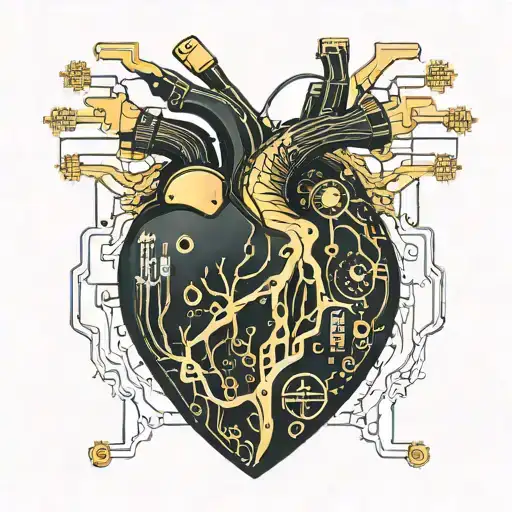 black and gold realistic heart shaped circuit board with gold wires as blood veins  tattoo design idea