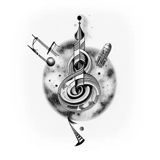 Full arm tattoo, that includes galaxies and space objects that gradually become a music sheet tattoo design idea