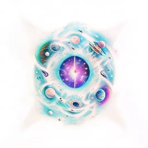 Full arm tattoo, that includes galaxies and space objects that gradually become a music sheet while spiraling around arm tattoo design idea