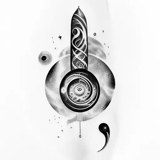 Full arm tattoo, that includes galaxies and space objects that gradually become a music sheet while spiraling around arm tattoo design idea