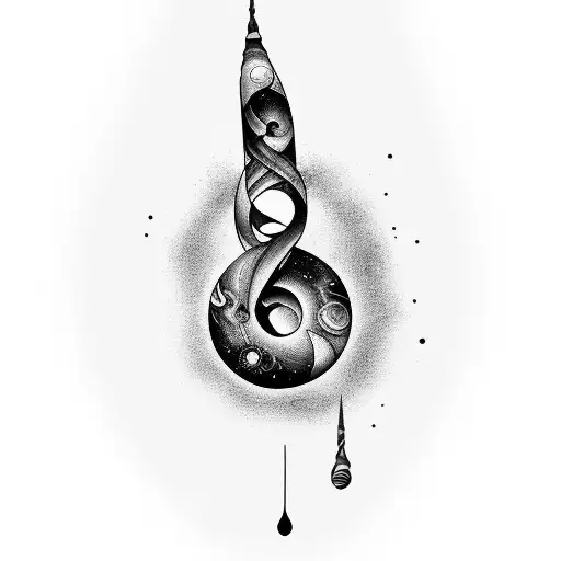 Full arm tattoo, that includes galaxies and space objects that gradually become a music sheet while spiraling around arm tattoo design idea