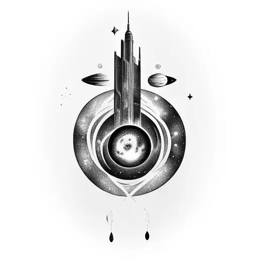 Full arm tattoo, that includes galaxies and space objects that gradually become a music sheet metalcore emo style tattoo design idea