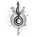 Full arm tattoo, that includes galaxies and space objects that gradually become a music sheet tattoo design idea