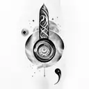 Full arm tattoo, that includes galaxies and space objects that gradually become a music sheet while spiraling around arm tattoo design idea