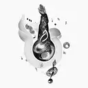 Full arm tattoo, that includes galaxies and space objects that gradually become a music sheet while spiraling around arm tattoo design idea