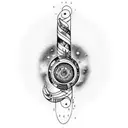 Full arm tattoo, that includes galaxies and space objects that gradually become a music sheet while spiraling around arm tattoo design idea
