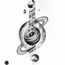 Full arm tattoo, that includes galaxies and space objects that gradually become a music sheet while spiraling around arm tattoo design idea