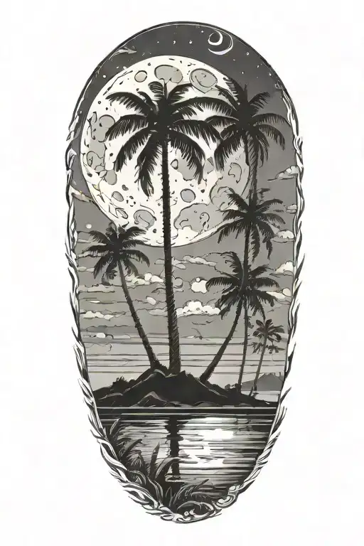 night beach scene with palm trees and a full moon tattoo design idea