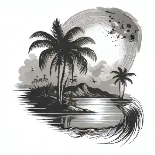 night beach scene with palm trees and a full moon tattoo design idea