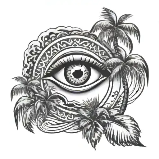 evil eye with palm trees and waves tattoo design idea