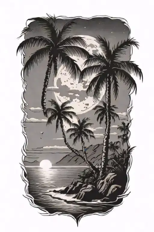 night beach scene with palm trees and a full moon tattoo design idea