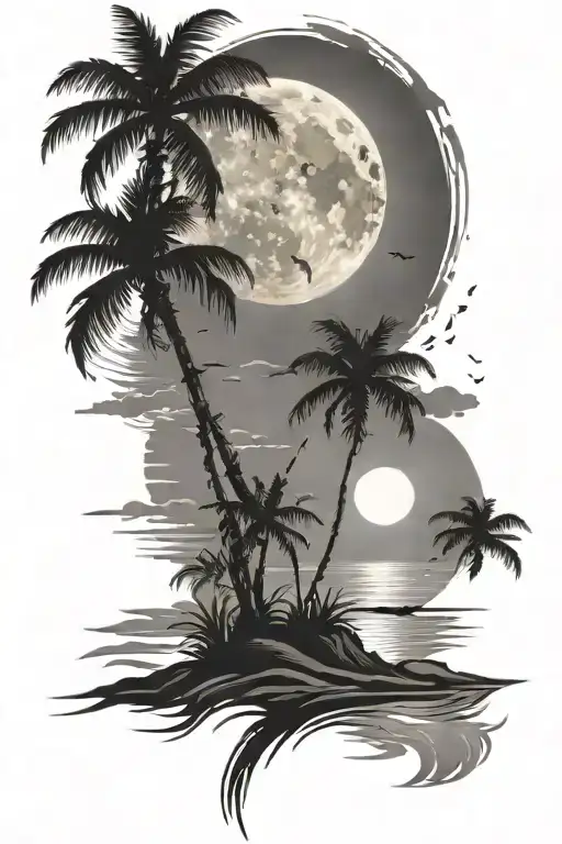 night beach scene with palm trees and a full moon tattoo design idea