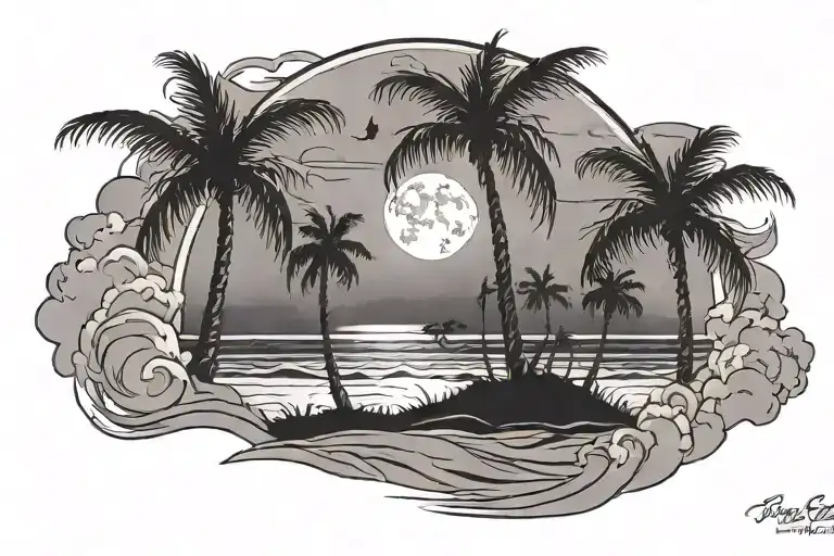 night beach scene with palm trees and a full moon tattoo design idea