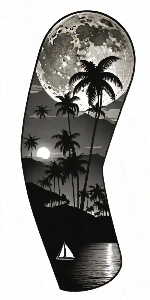 night beach scene with palm trees and a full moon tattoo design idea