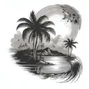 night beach scene with palm trees and a full moon tattoo design idea