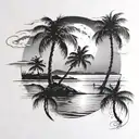 night beach scene with palm trees and a full moon tattoo design idea