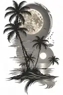 night beach scene with palm trees and a full moon tattoo design idea