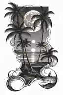 night beach scene with palm trees and a full moon tattoo design idea