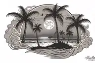 night beach scene with palm trees and a full moon tattoo design idea