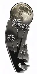 night beach scene with palm trees and a full moon tattoo design idea