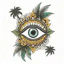 evil eye with palm trees and waves tattoo design idea