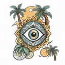 evil eye with palm trees and waves tattoo design idea