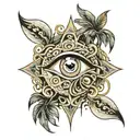 evil eye with palm trees and waves tattoo design idea