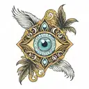 evil eye with palm trees and waves tattoo design idea