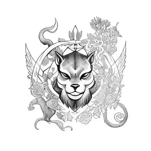 A tattoo design featuring a shadowhunter surrounded by a variety of animals and flowers. tattoo design idea