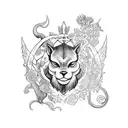 A tattoo design featuring a shadowhunter surrounded by a variety of animals and flowers. tattoo design idea