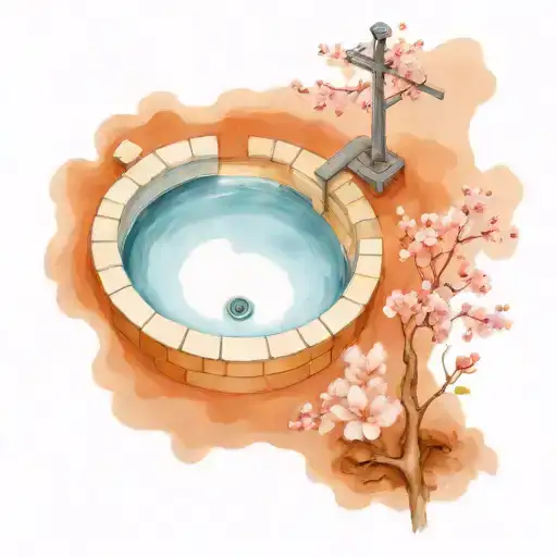overhead view of a simple water well. well wall made of bricks in grayscale. watercolor cherry blossoms surrouning well tattoo design idea