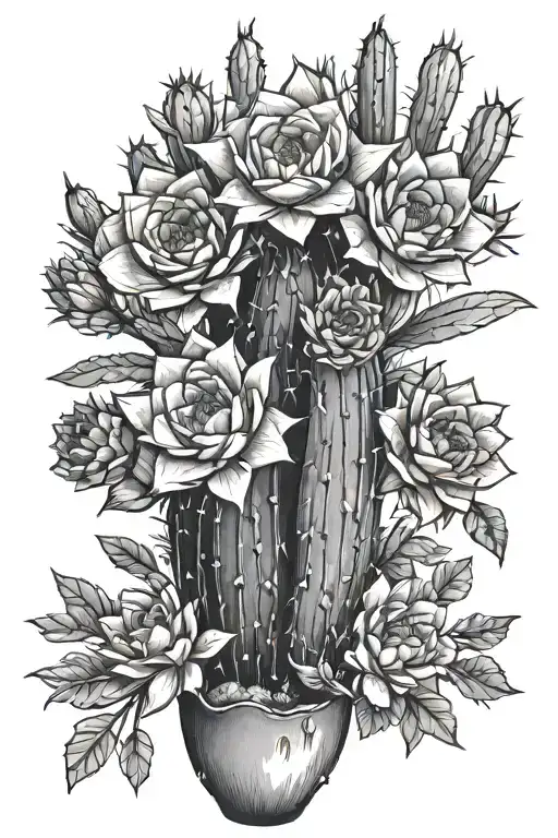 cactus with flowers growing tattoo design idea