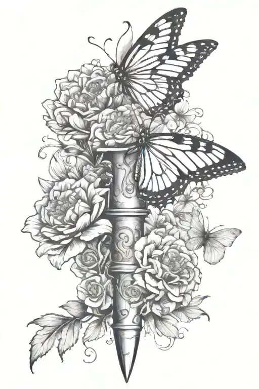 dagger facing up with marigold growing and butterflies flying around  tattoo design idea