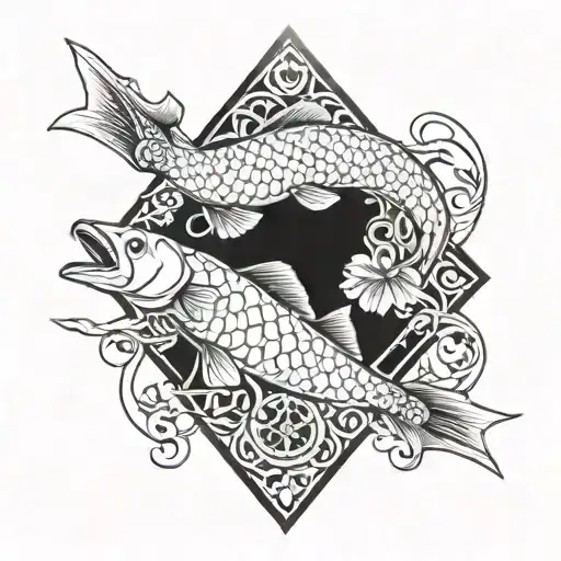 2 crossed axes with eastern carp around tattoo design idea