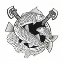 2 crossed axes with eastern carp around tattoo design idea