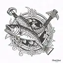 2 crossed axes with eastern carp around tattoo design idea