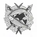 2 crossed axes with eastern carp around tattoo design idea