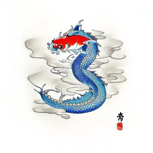 A dragon and koi fish swimming up a river tattoo design idea