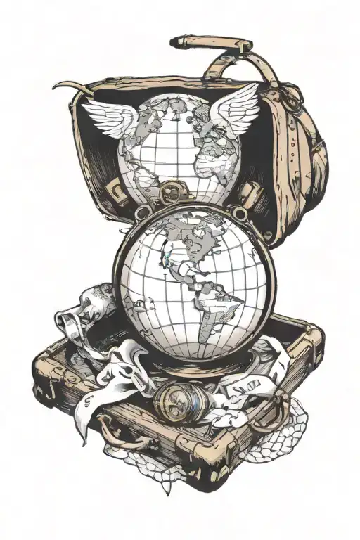 globe with luggage next to it tattoo design idea