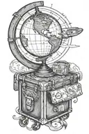 globe with luggage next to it tattoo design idea
