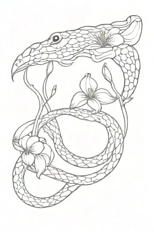 Python with Iris flower intertwined tattoo design idea