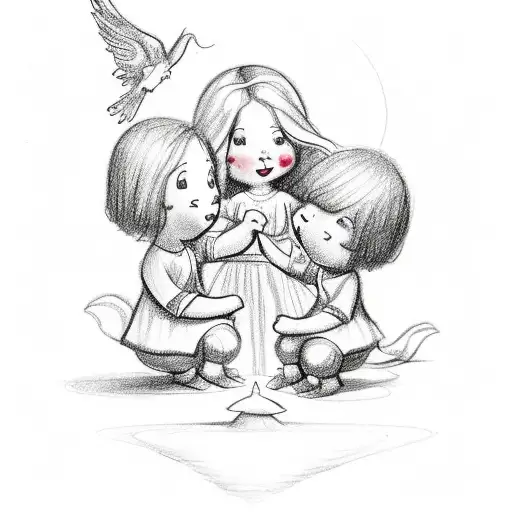 A whimsical sketch of your children playing with angels, showcasing the innocence and joy of childhood tattoo design idea