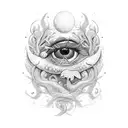 Mulher jovem com cabelos longos com características de feiticeira, em meio a plantas,peixes, animais, sol e lua tattoo design idea