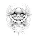 Mulher jovem com cabelos longos com características de feiticeira, em meio a plantas,peixes, animais, sol e lua tattoo design idea