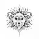 Mulher jovem com cabelos longos com características de feiticeira, em meio a plantas,peixes, animais, sol e lua tattoo design idea