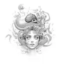 Mulher jovem com cabelos longos com características de feiticeira, em meio a plantas,peixes, animais, sol e lua tattoo design idea