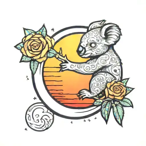 sunset tattoo with the moon and a stylized koala hugging the moon  tattoo design idea