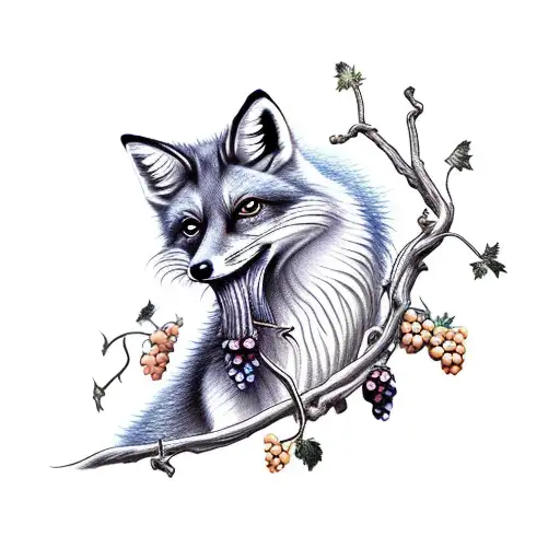 a skinny sitting fox, with a big bushy tail, holding a vine of grapes in their mouth  tattoo design idea