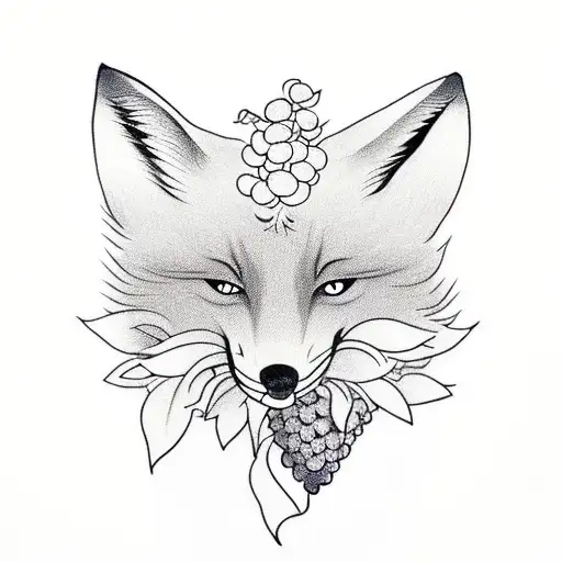 fox holding a bunch of grapes in their mouth with a bushy tail  tattoo design idea