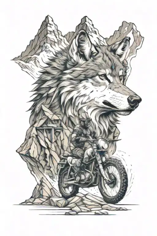 adventure travel wild-camping mountains adventure motorcycle rock-climbing wolf tattoo design idea